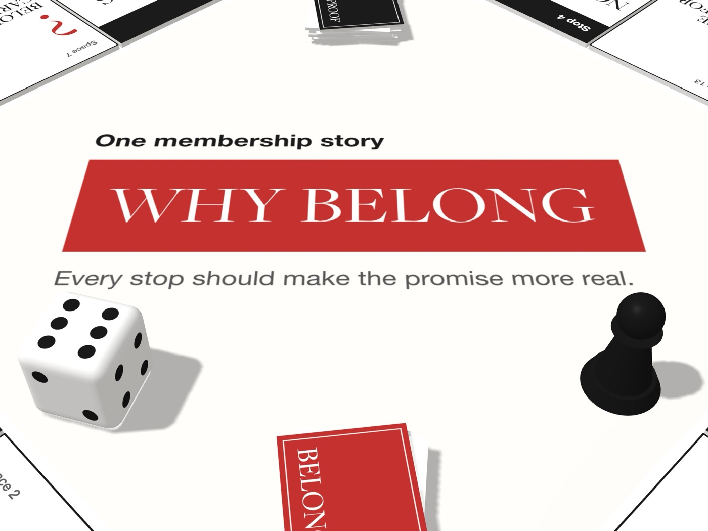 Close-up of The Membership Board: a pawn, a die, and the Belonging card deck on the Why Belong center.